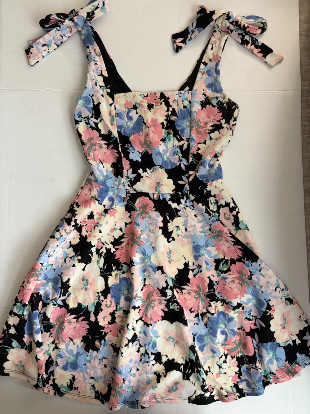 Girls Floral Tie-Shoulder Fit-and-Flare Dress - Black with Pink & Blue Flowers